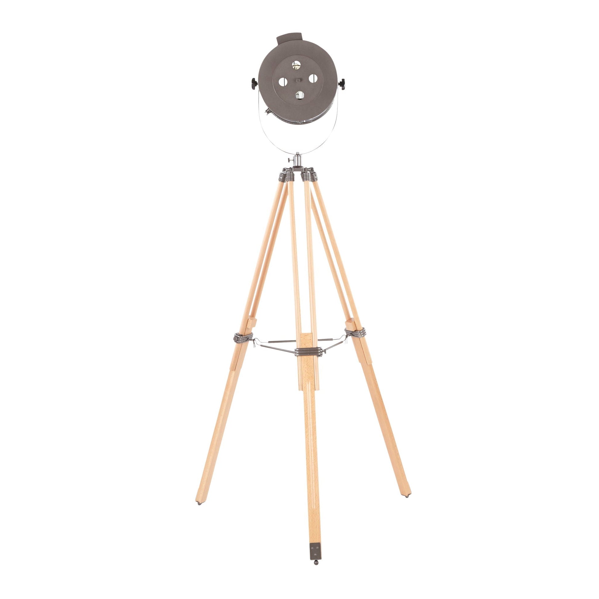 Ahoy industrial floor lamp by HouseOfZazla with natural wood tripod legs and antique metal hub on Tampa Home & Garden Store