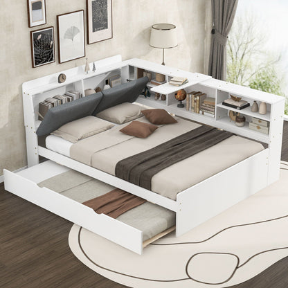 Platform bed with trundle and storage headboard in white, open shelves with books and decor on Tampa Home & Garden Store