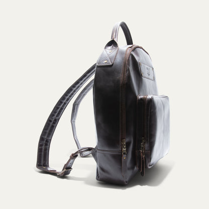 The Field Backpack Will Leather Goods dark brown leather with brass zippers on Tampa Home & Garden Store
