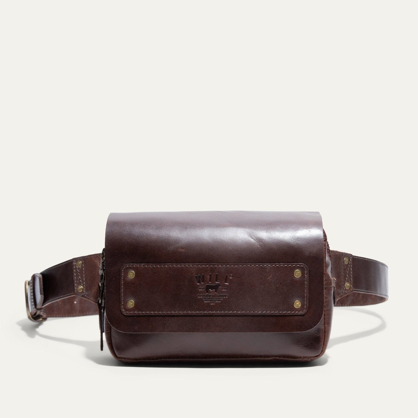 The Field Belt Bag by Will Leather Goods, brown leather fanny pack with brass rivets on Tampa Home & Garden Store