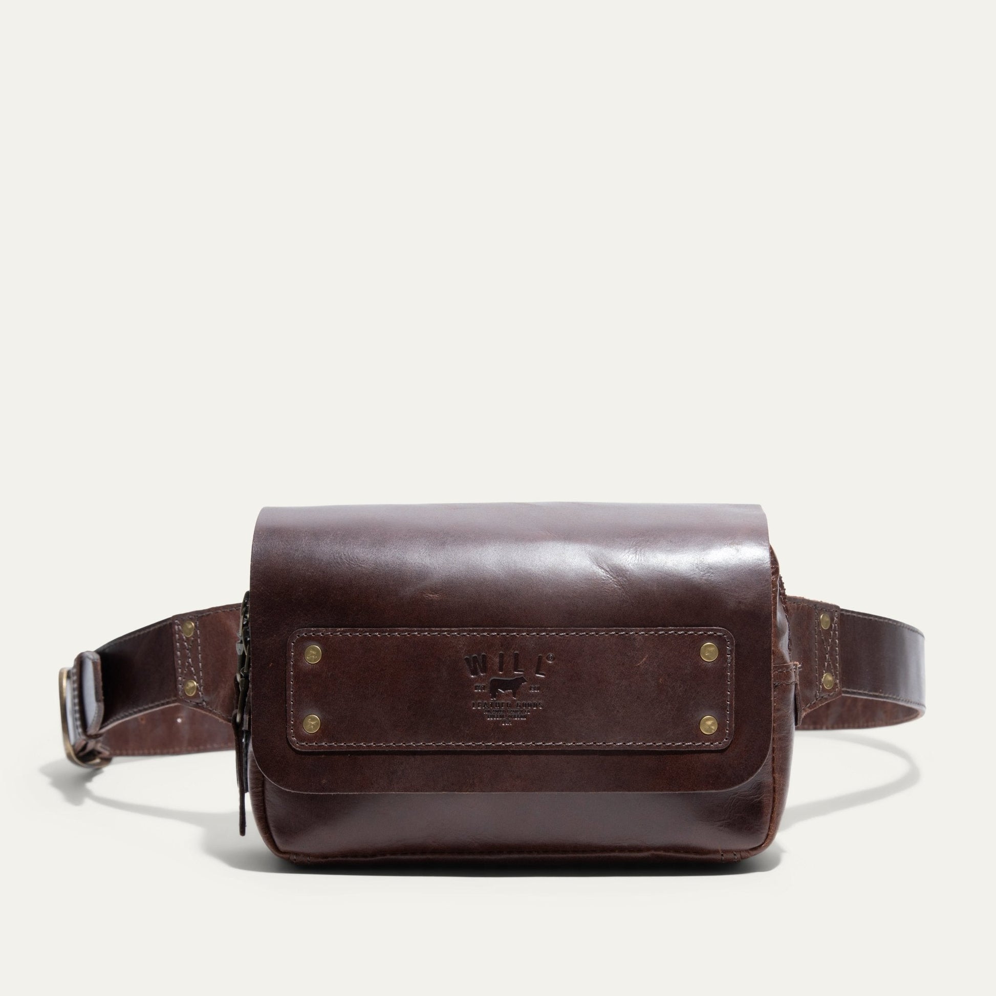 The Field Belt Bag by Will Leather Goods, brown leather fanny pack with brass rivets on Tampa Home & Garden Store