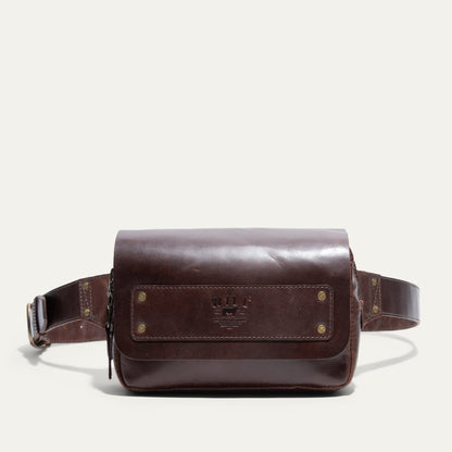The Field Belt Bag by Will Leather Goods, brown leather fanny pack with brass rivets on Tampa Home & Garden Store