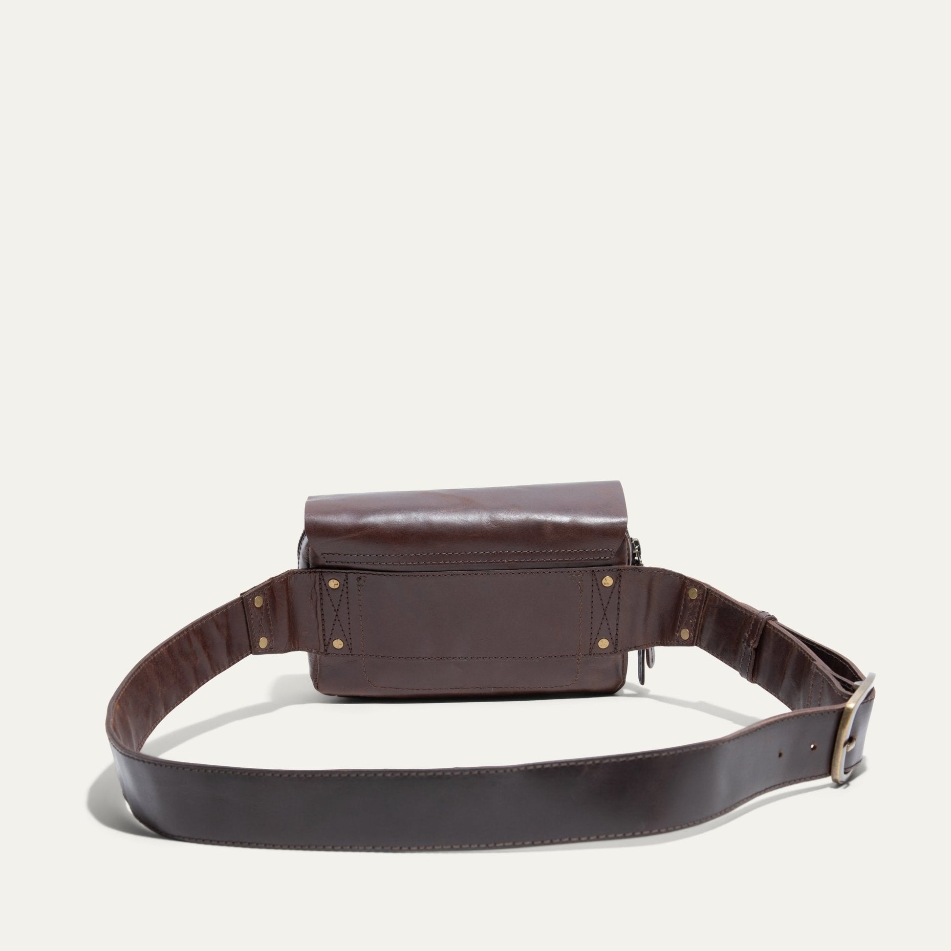 The Field Belt Bag by Will Leather Goods, brown leather fanny pack with brass rivets on Tampa Home & Garden Store