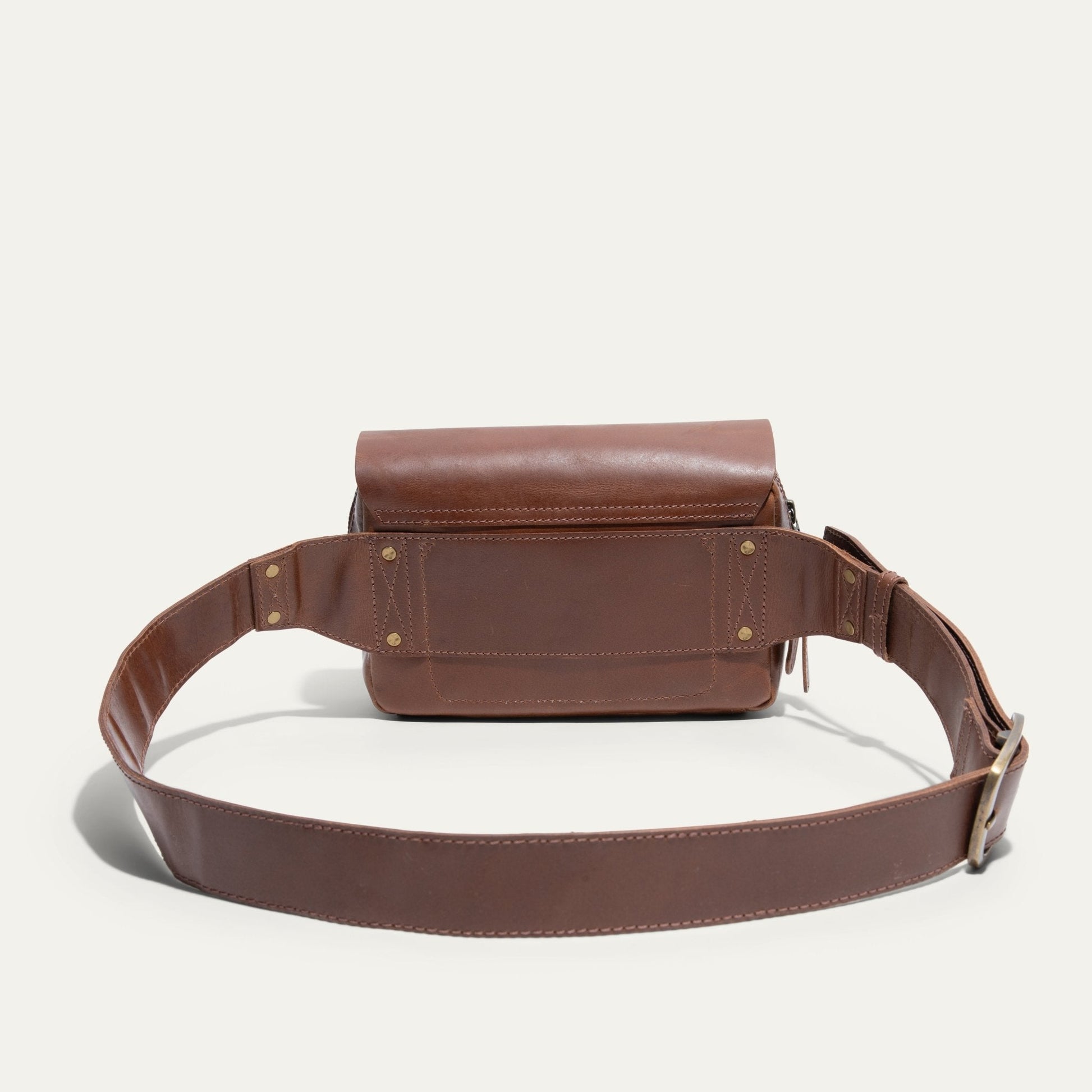 The Field Belt Bag brown leather fanny pack by Will Leather Goods with brass rivets on Tampa Home & Garden Store
