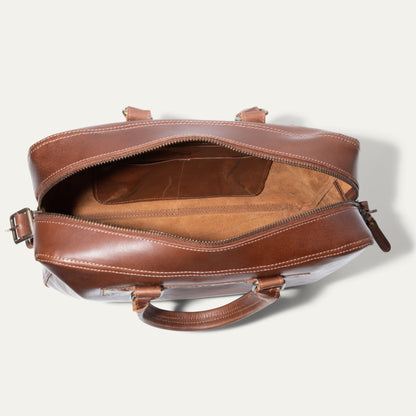 The Field Briefcase Will Leather Goods, brown leather with stitching and zip closure on Tampa Home & Garden Store