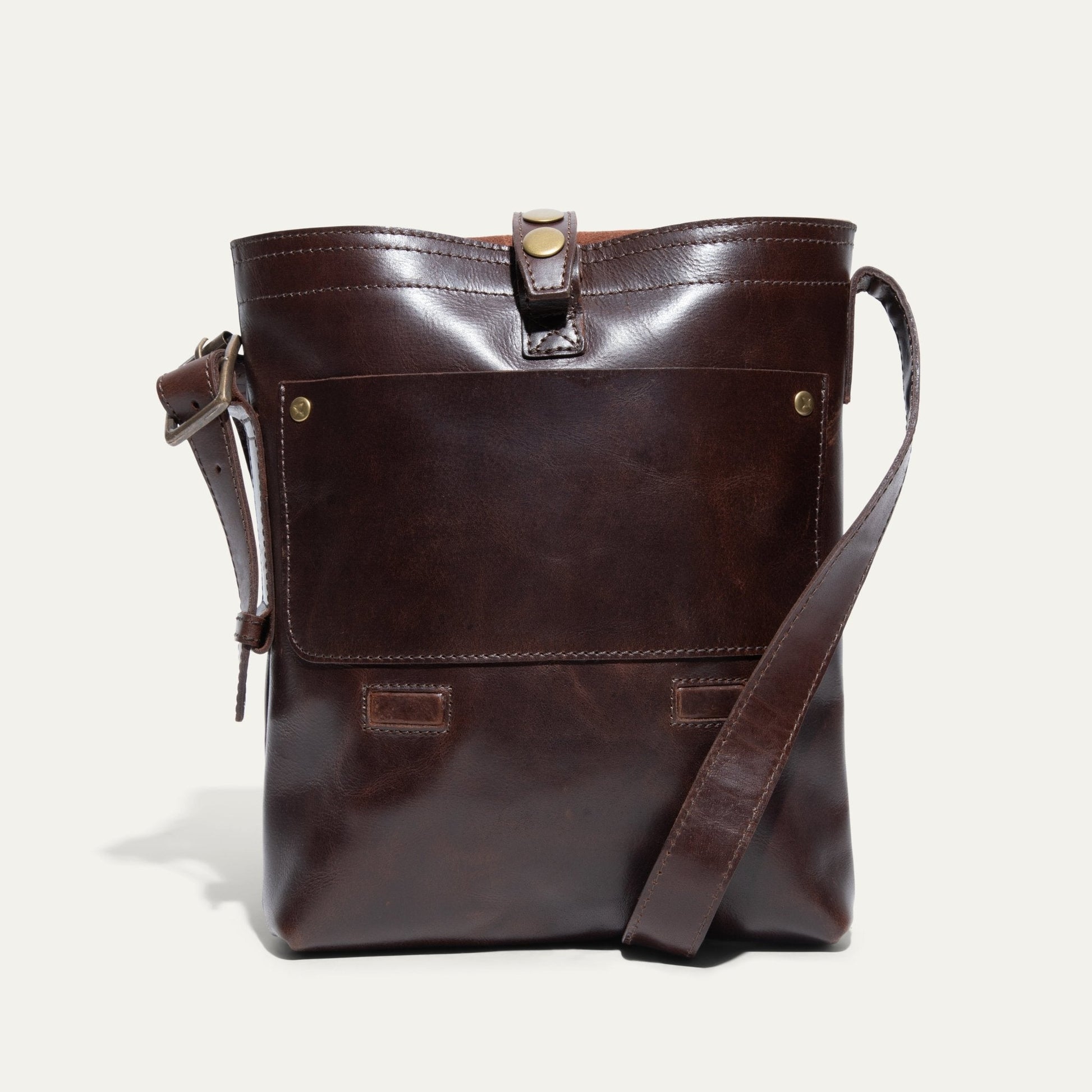 The Field Crossbody bag by Will Leather Goods in dark brown leather with brass hardware on Tampa Home & Garden Store