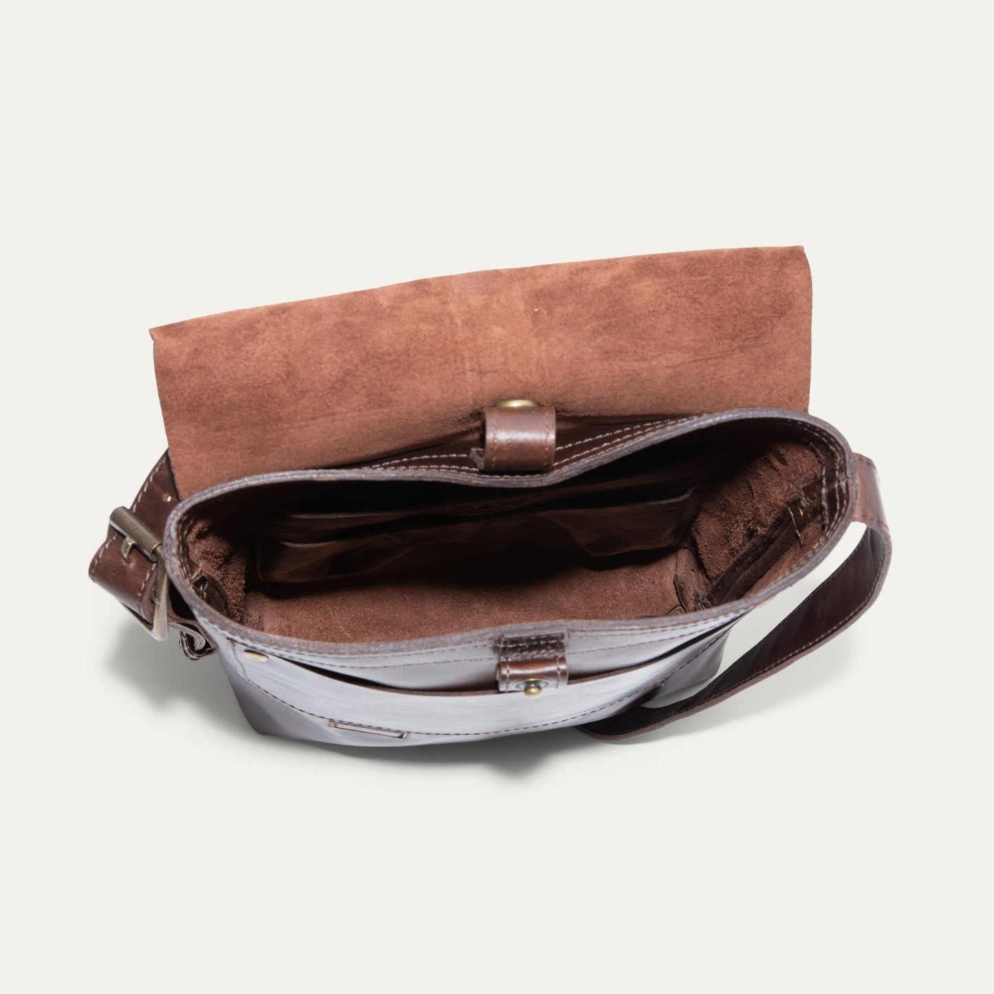 The Field Crossbody bag by Will Leather Goods, brown leather with suede flap and strap on Tampa Home & Garden Store