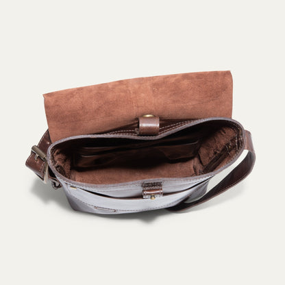 The Field Crossbody bag by Will Leather Goods, brown leather with suede flap and strap on Tampa Home & Garden Store