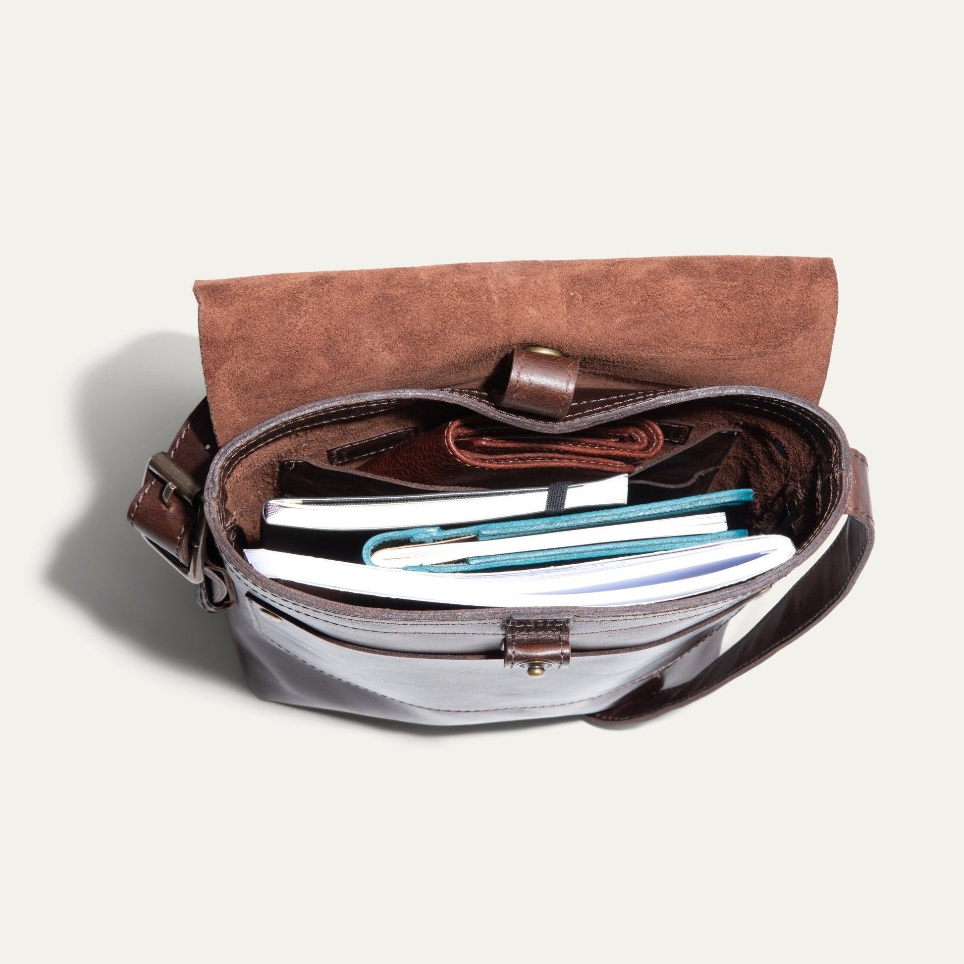 The Field Crossbody bag by Will Leather Goods, brown leather with suede flap and card slots on Tampa Home & Garden Store