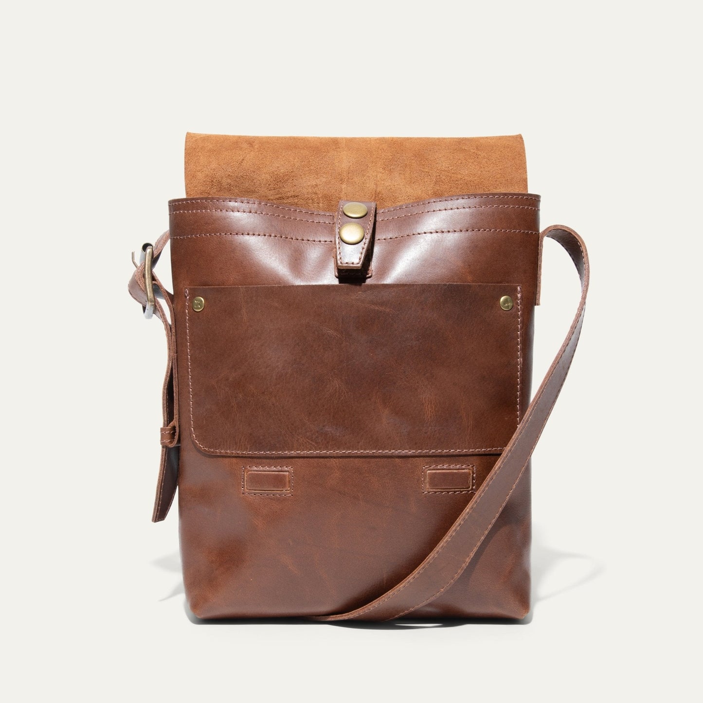 The Field Crossbody bag by Will Leather Goods, brown leather with suede tan flap on Tampa Home & Garden Store