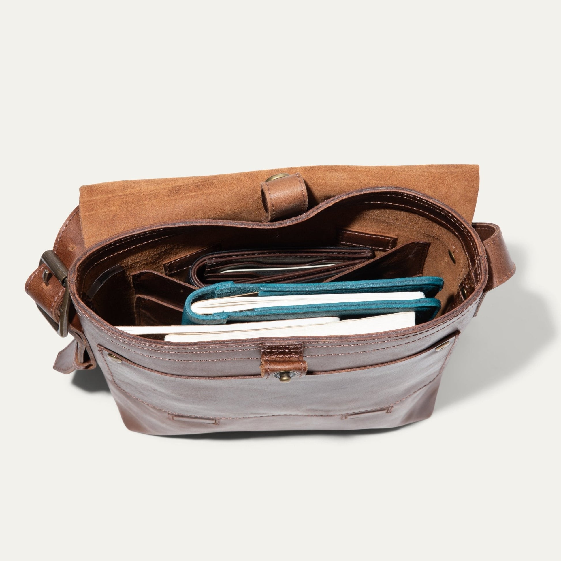 The Field Crossbody bag by Will Leather Goods in brown leather with teal interior on Tampa Home & Garden Store