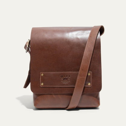 The Field Crossbody bag by Will Leather Goods in brown leather with brass hardware on Tampa Home & Garden Store