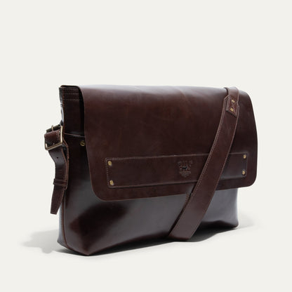 The Field Messenger bag by Will Leather Goods, dark brown leather with brass hardware on Tampa Home & Garden Store