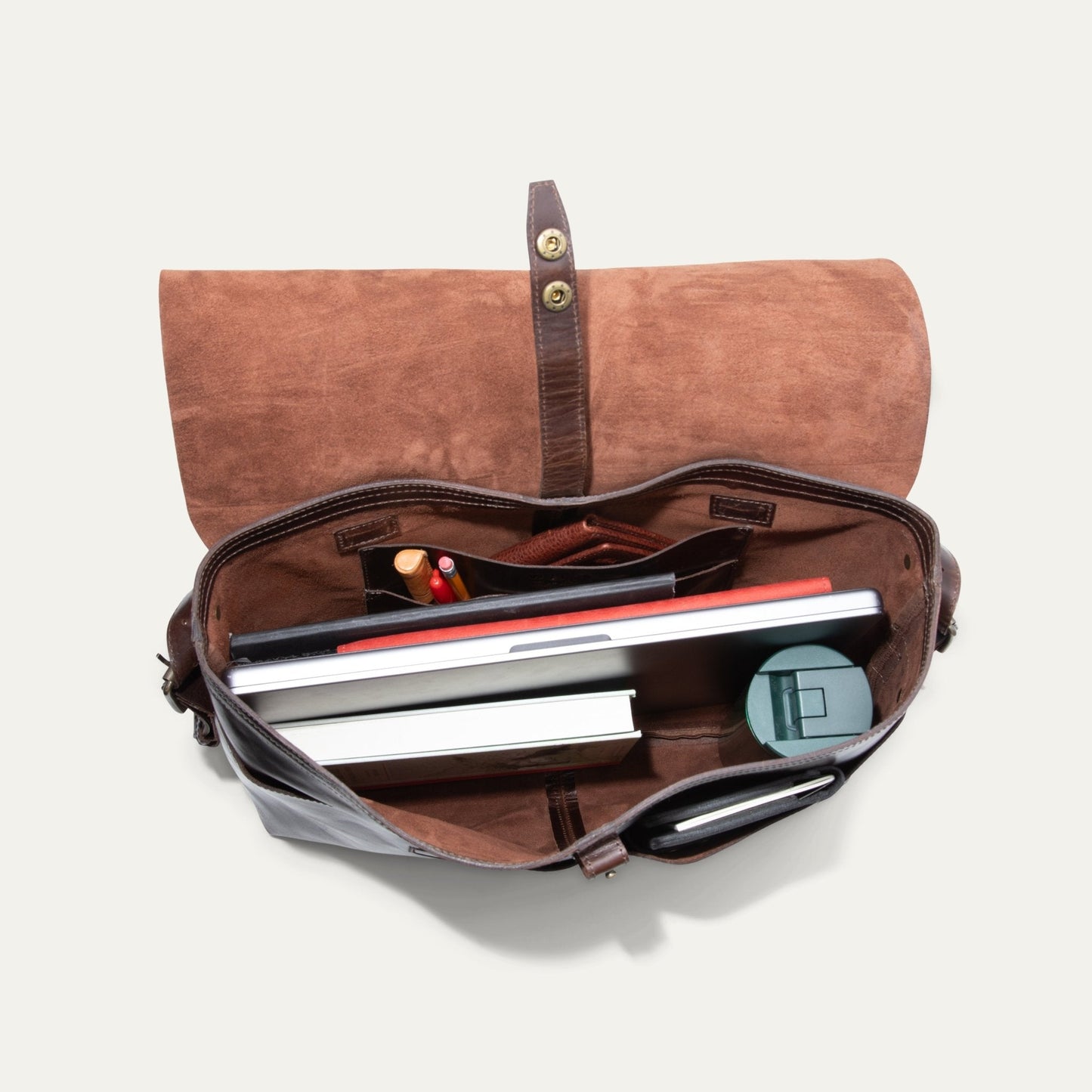 The Field Messenger bag by Will Leather Goods, brown suede with dark leather strap on Tampa Home & Garden Store