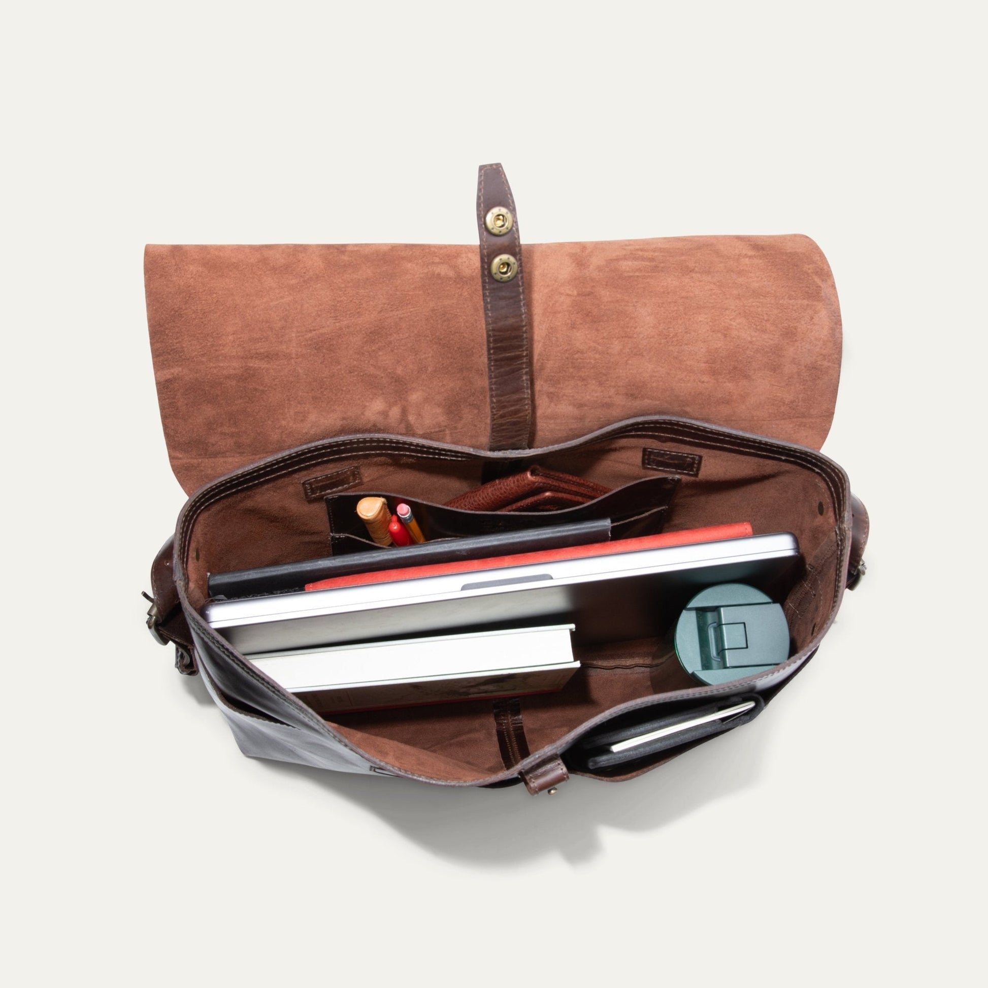 The Field Messenger bag by Will Leather Goods, brown suede with dark leather strap on Tampa Home & Garden Store
