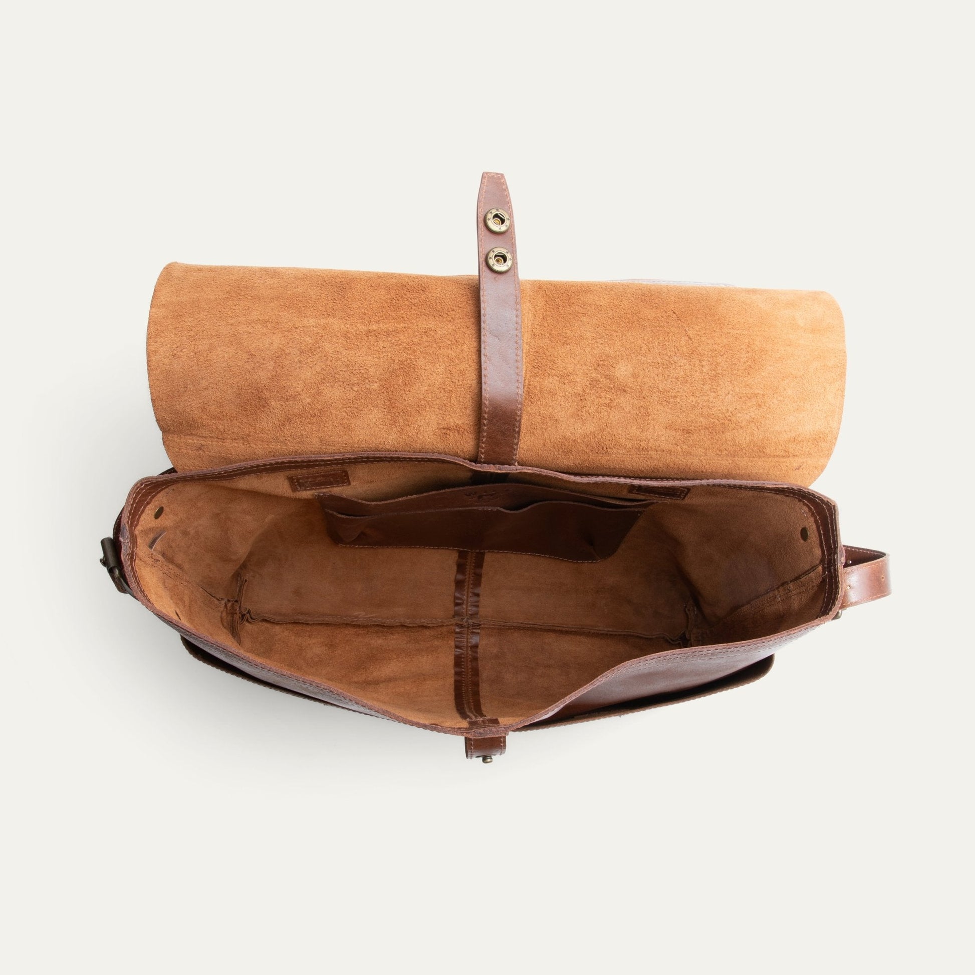 The Field Messenger bag by Will Leather Goods in brown suede with tan leather strap on Tampa Home & Garden Store