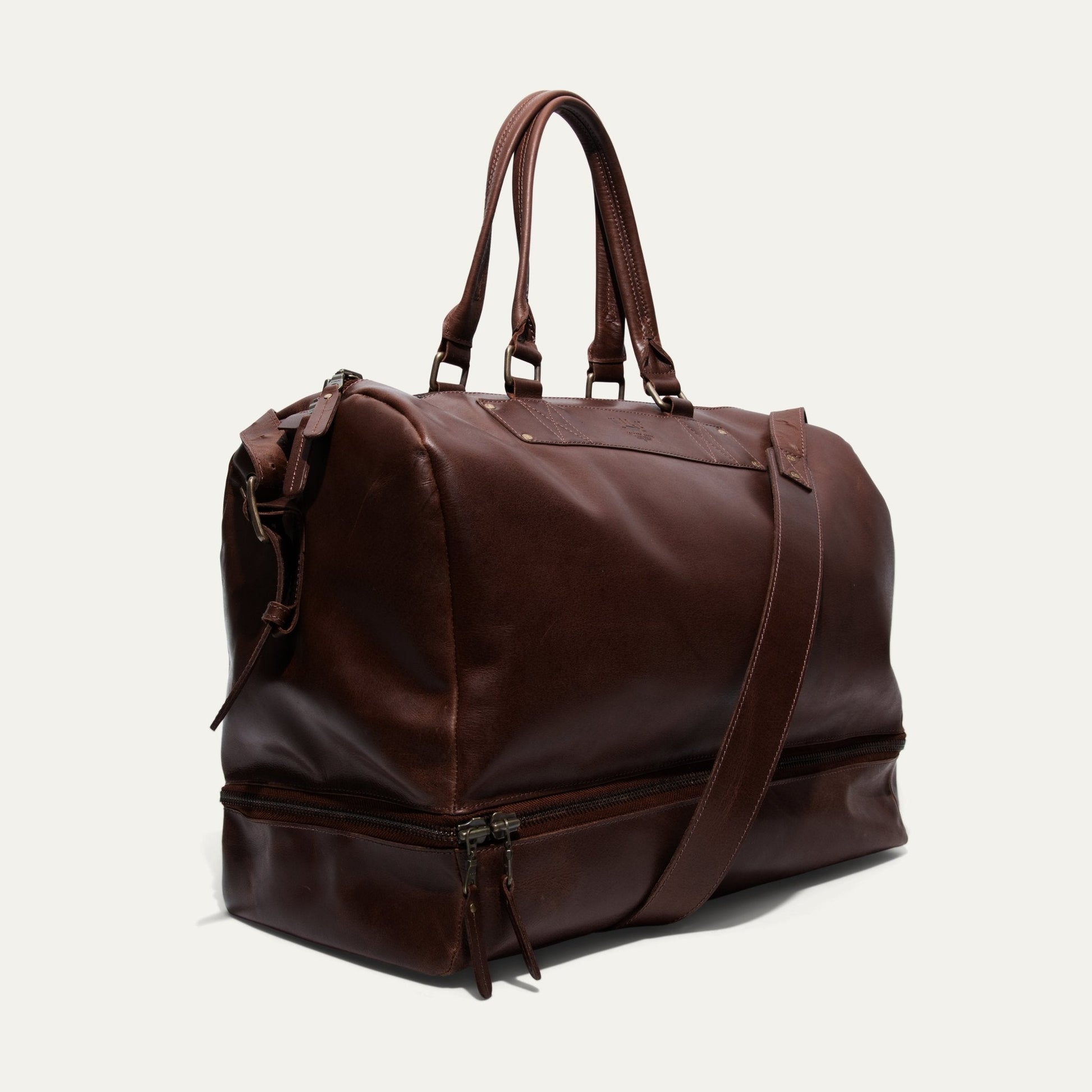 The Field Duffle brown leather duffel bag by Will Leather Goods with top handles on Tampa Home & Garden Store