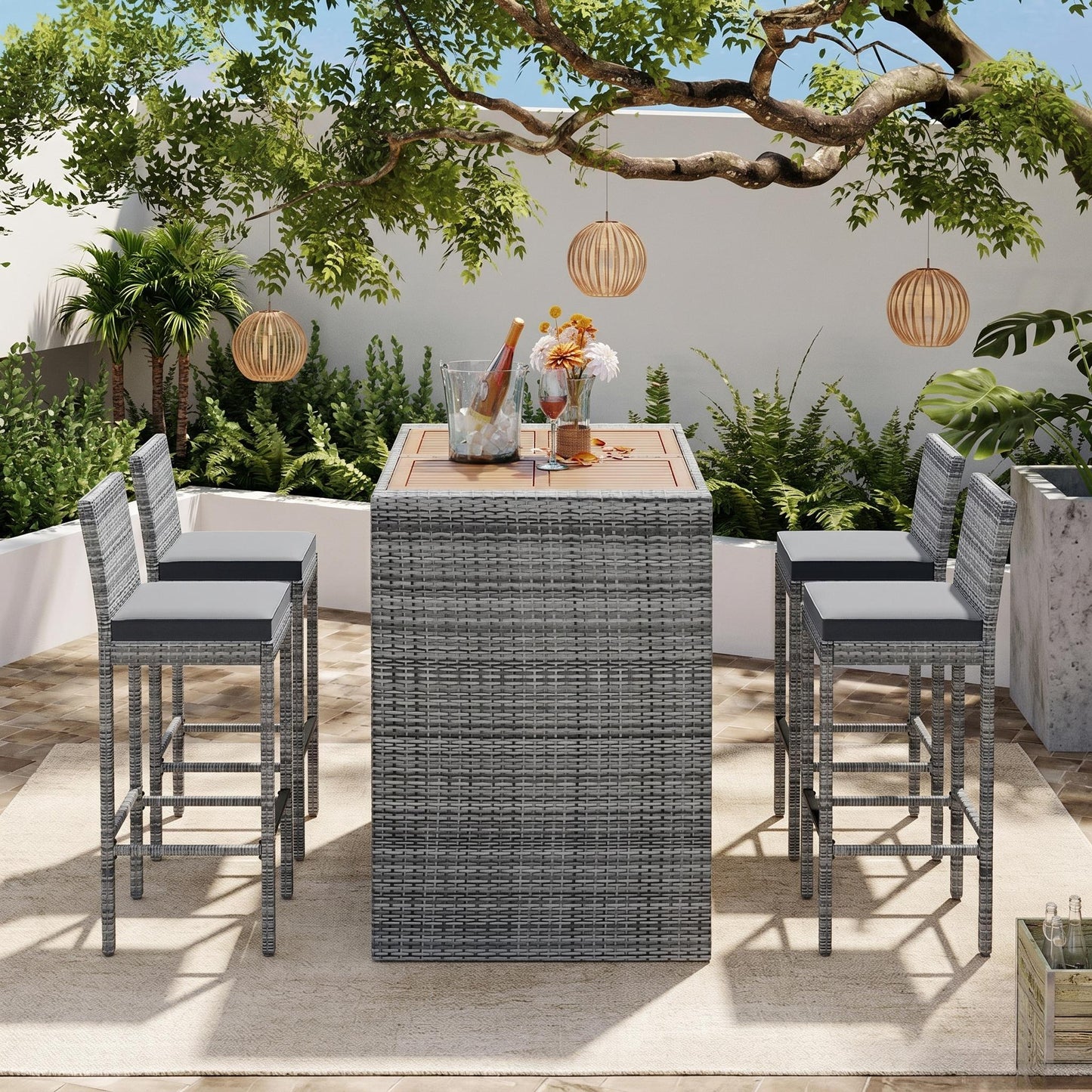 Five Piece Outdoor Patio Wicker Bar Set and Chair