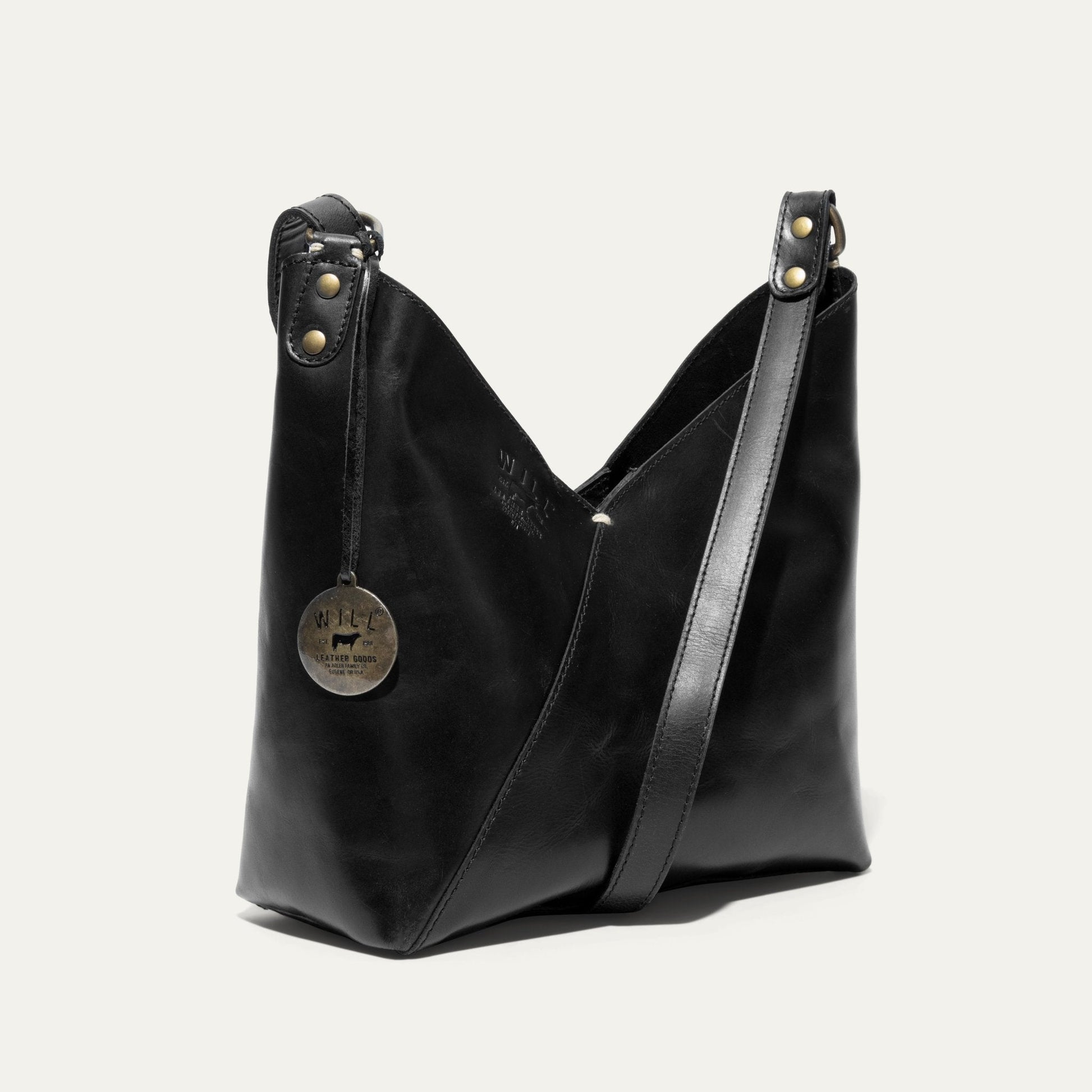 Simple Mini V Hobo bag in black leather with brass hardware by Will Leather Goods on Tampa Home & Garden Store