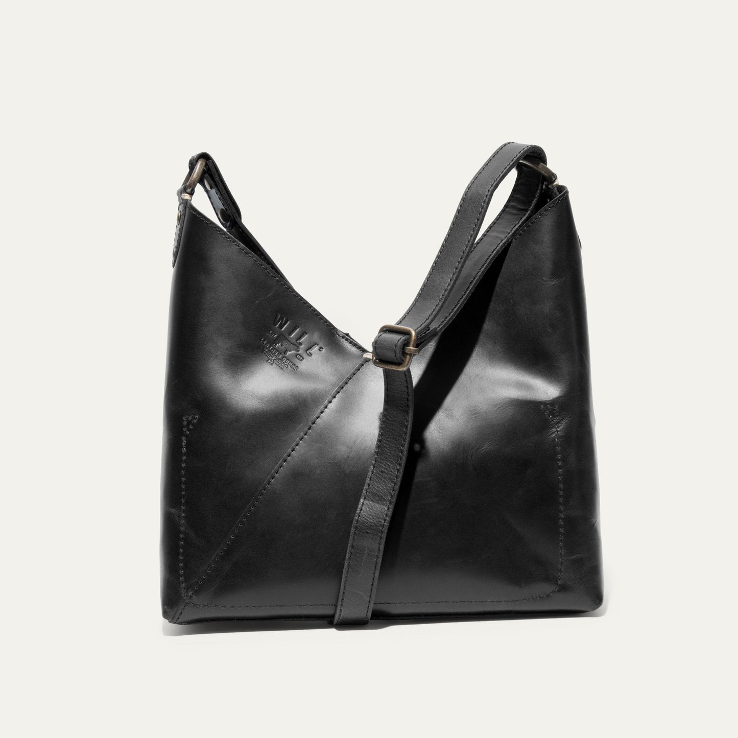 Will Leather Goods Simple Mini V Hobo bag, black leather with adjustable strap and brass hardware on Tampa Home & Garden Store