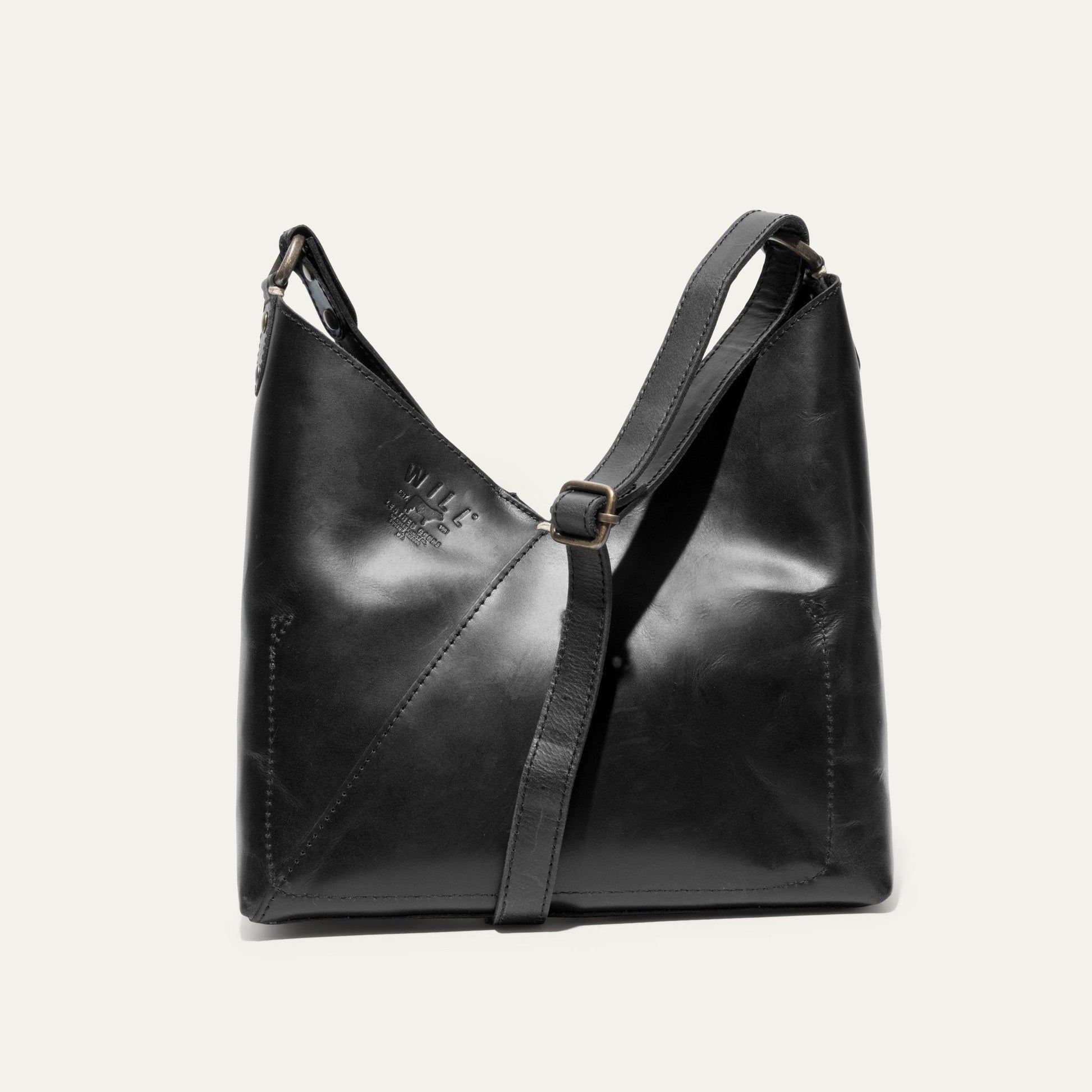 Will Leather Goods Simple Mini V Hobo bag, black leather with adjustable strap and brass hardware on Tampa Home & Garden Store