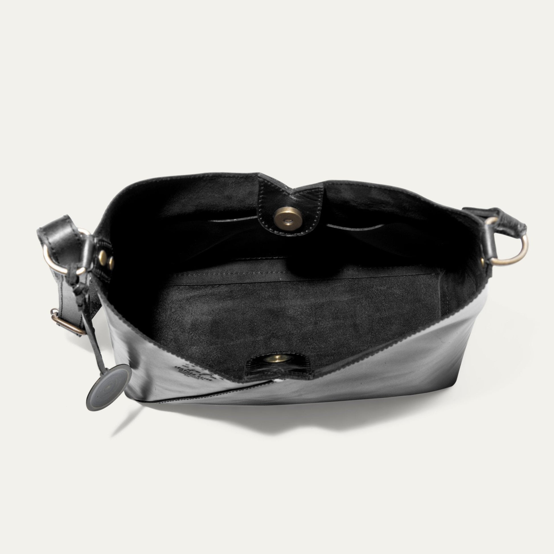 Will Leather Goods Simple Mini V Hobo bag in black leather with brass hardware on Tampa Home & Garden Store