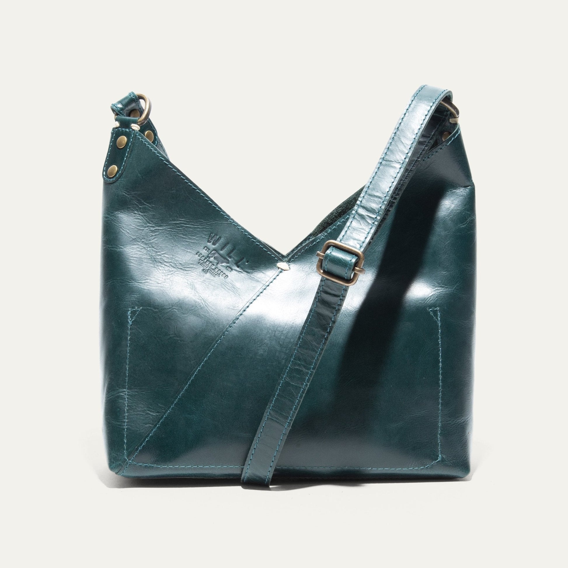 Simple Mini V Hobo bag by Will Leather Goods in teal leather with brass hardware on Tampa Home & Garden Store