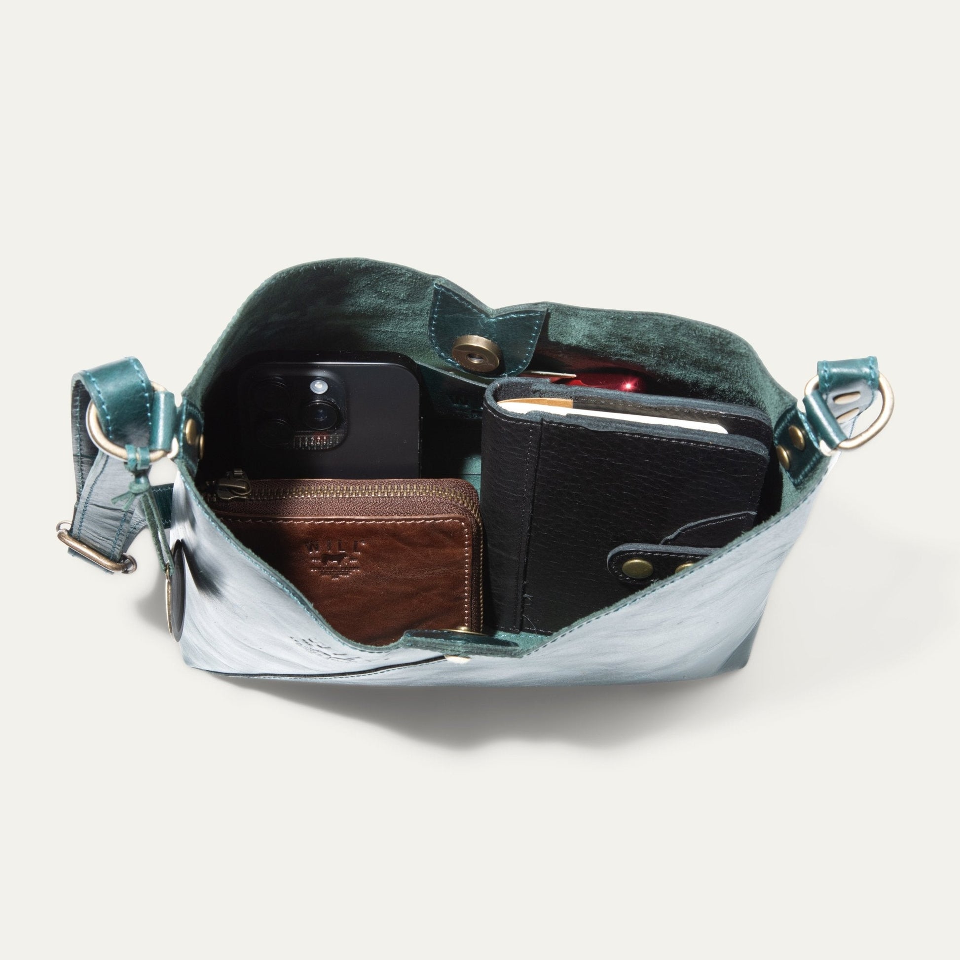 Simple Mini V Hobo bag by Will Leather Goods teal leather with brown zip pocket on Tampa Home & Garden Store