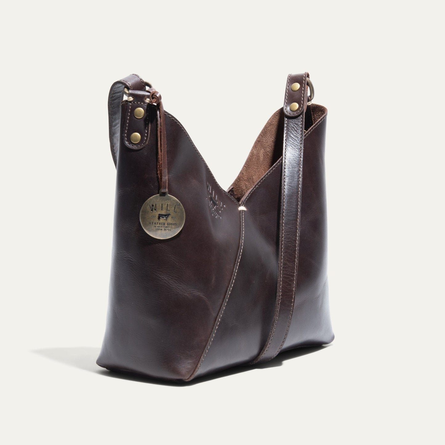 Will Leather Goods Simple Mini V Hobo bag in dark brown leather with brass hardware on Tampa Home & Garden Store