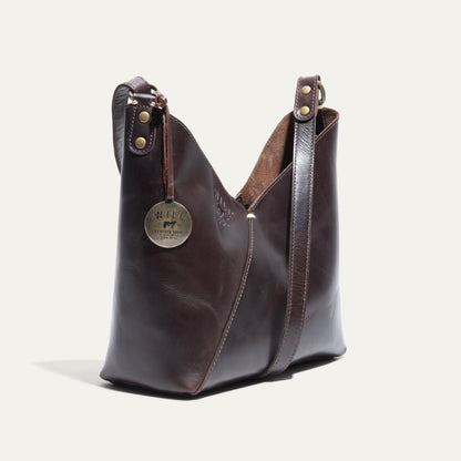Will Leather Goods Simple Mini V Hobo bag in dark brown leather with brass hardware on Tampa Home & Garden Store
