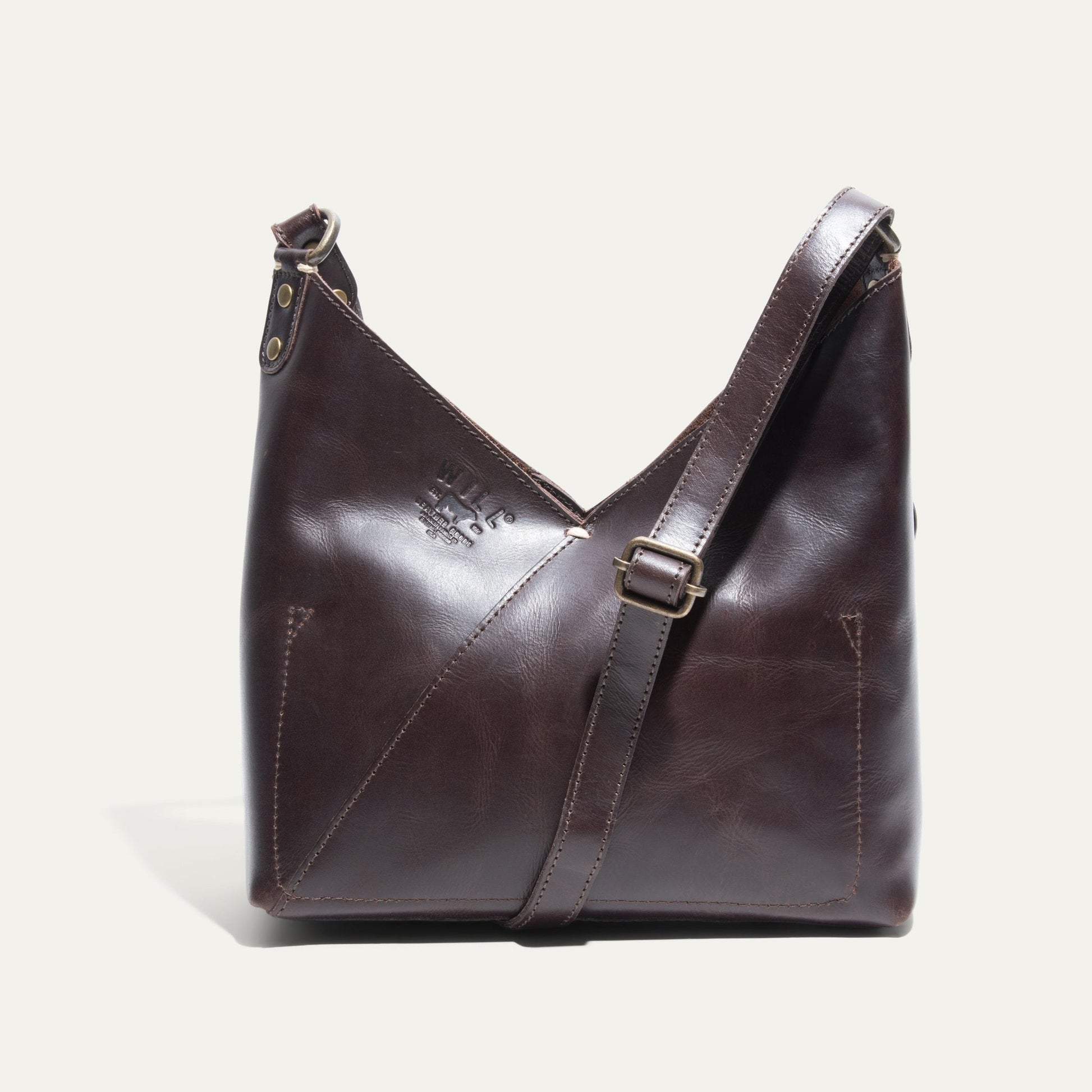 Will Leather Goods Simple Mini V Hobo bag in dark brown leather with brass hardware on Tampa Home & Garden Store