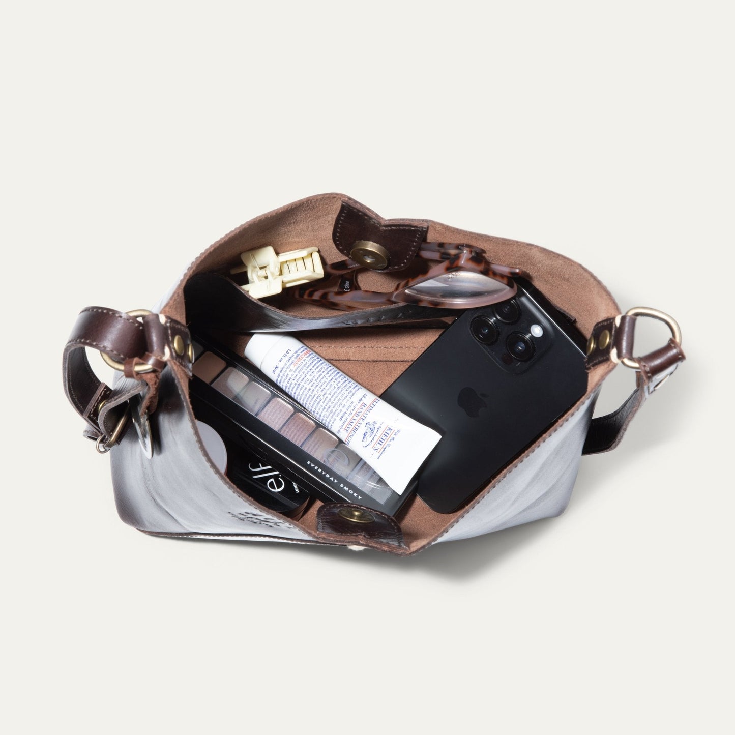 Simple Mini V Hobo bag by Will Leather Goods, brown leather trim, brass hardware, smartphone on Tampa Home & Garden Store