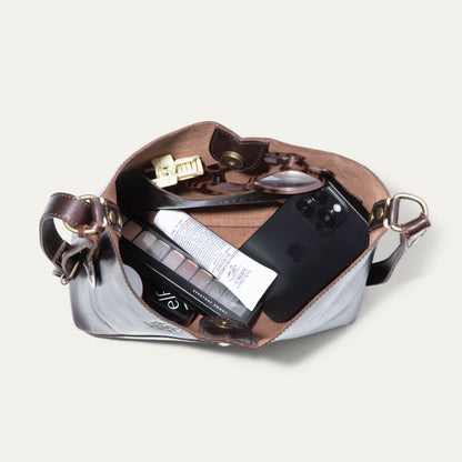 Simple Mini V Hobo bag by Will Leather Goods, brown leather trim, brass hardware, smartphone on Tampa Home & Garden Store