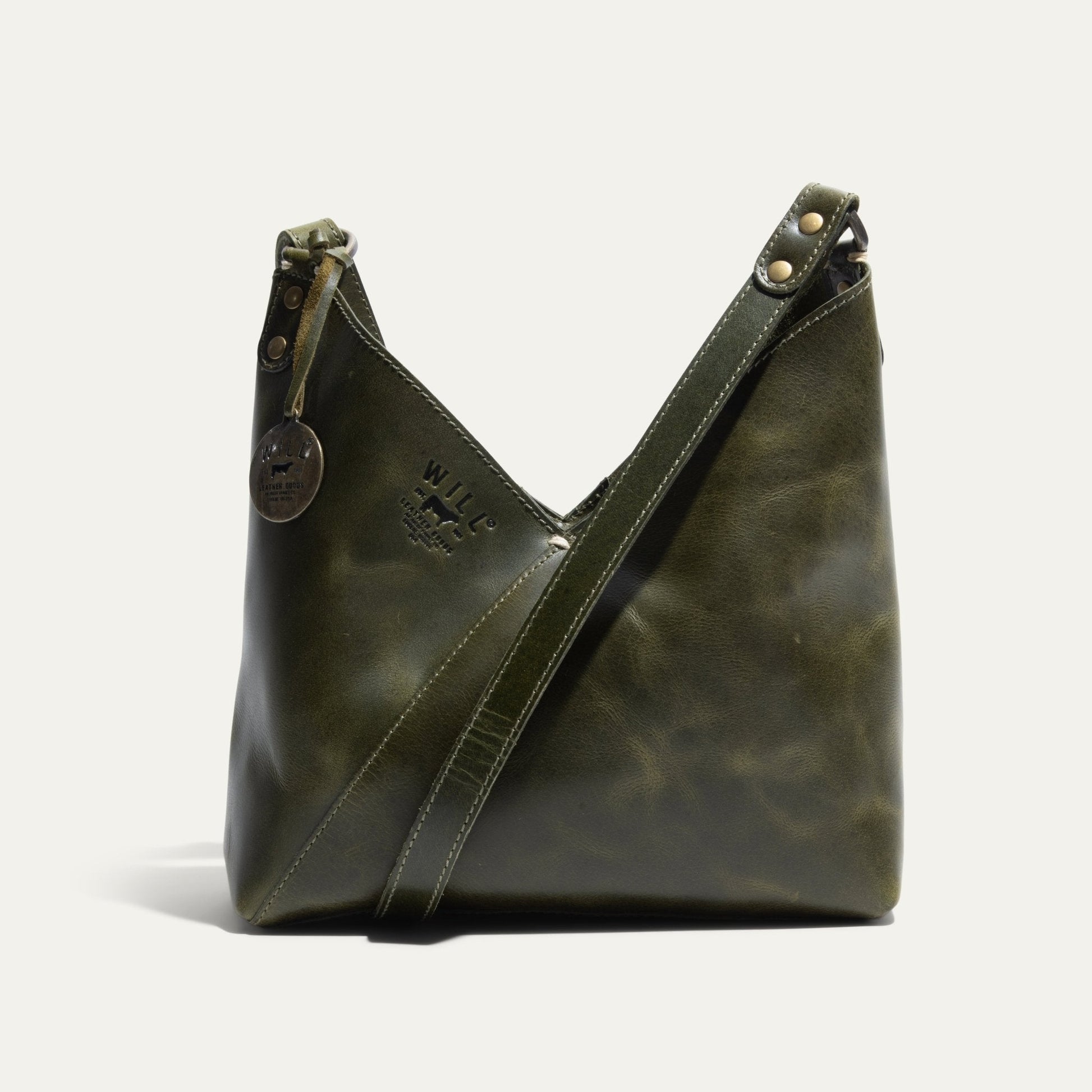 Will Leather Goods Simple Mini V Hobo olive green leather bag with brass hardware on Tampa Home & Garden Store