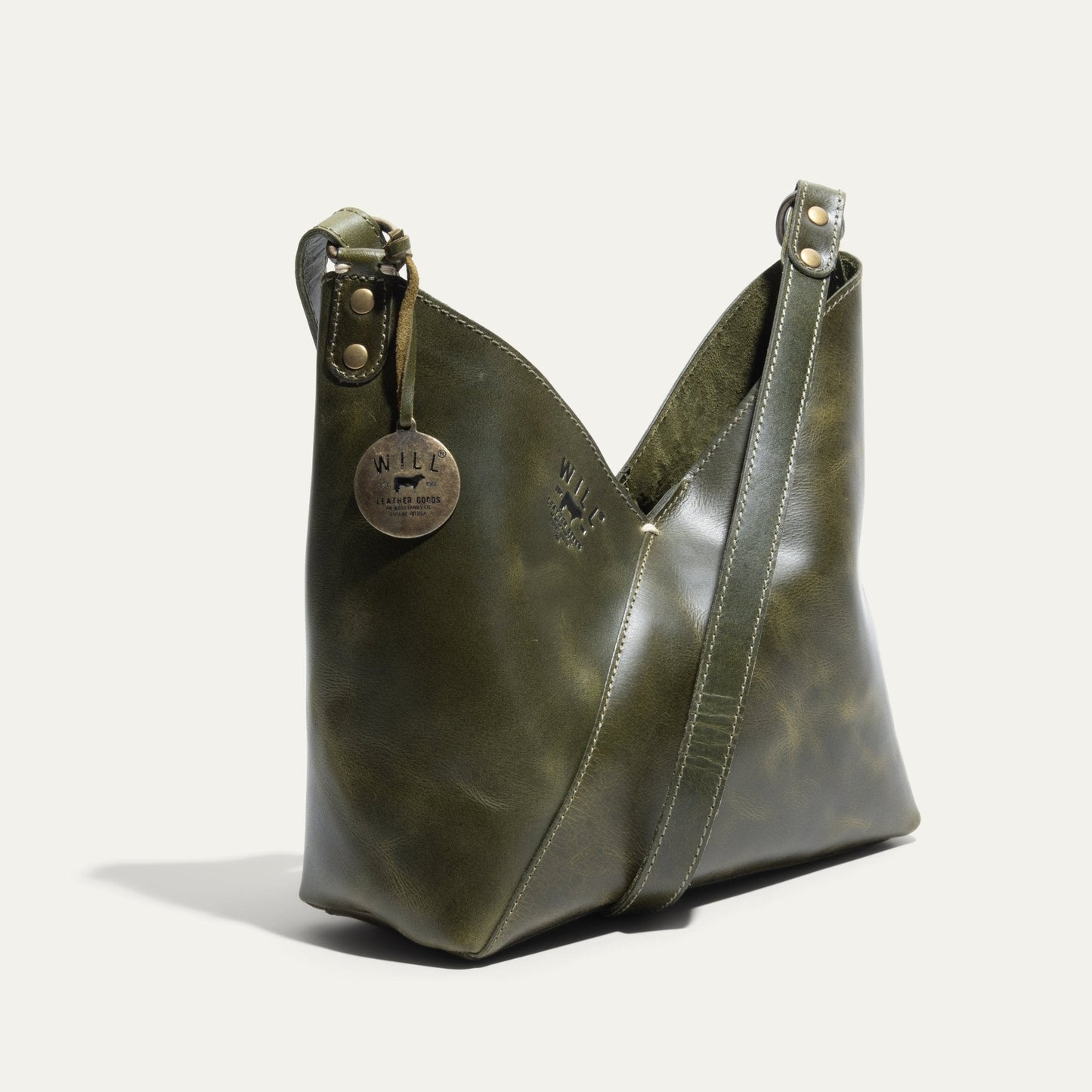 Simple Mini V Hobo bag by Will Leather Goods in olive-green leather with brass hardware on Tampa Home & Garden Store