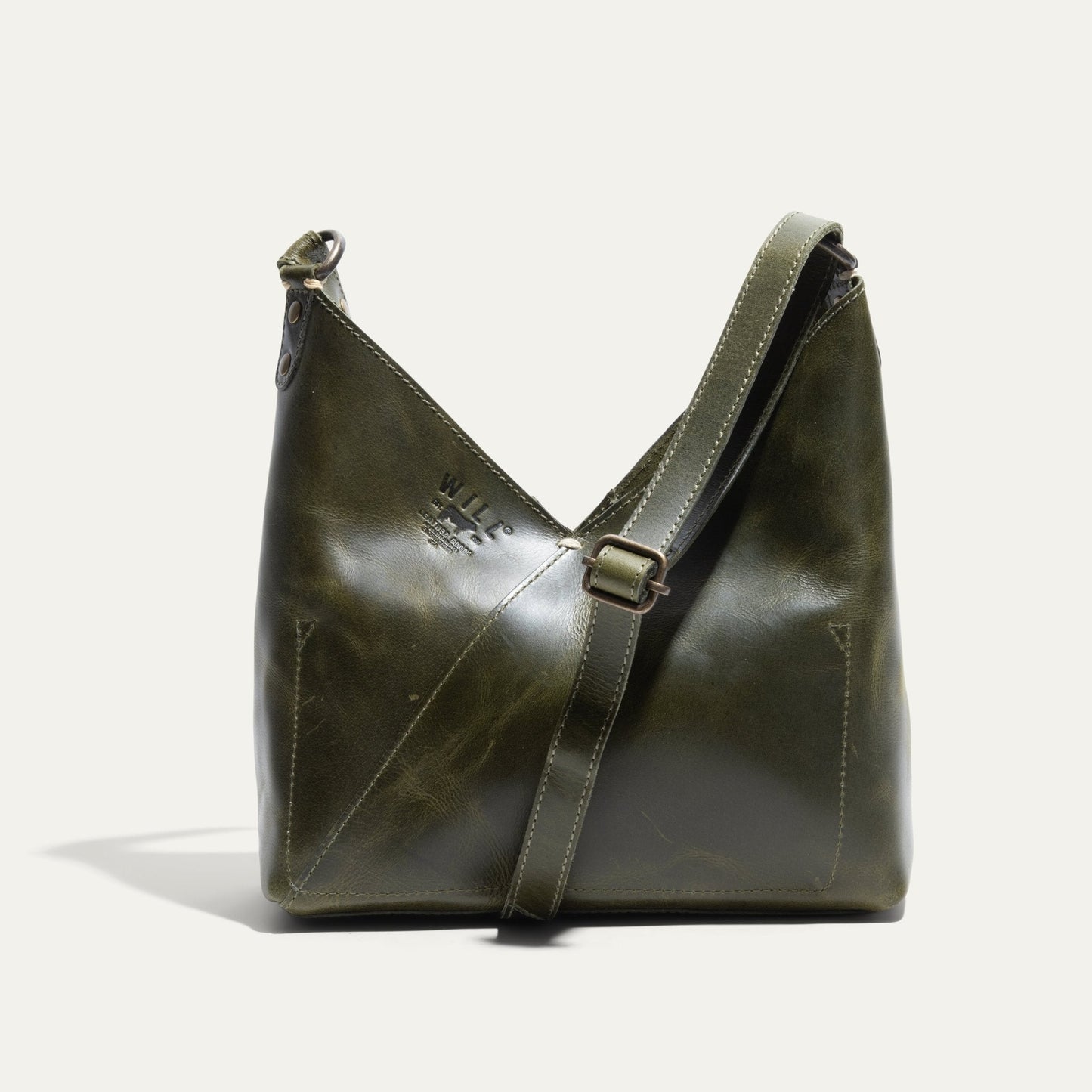 Simple Mini V Hobo bag by Will Leather Goods in olive green leather with stitched strap on Tampa Home & Garden Store