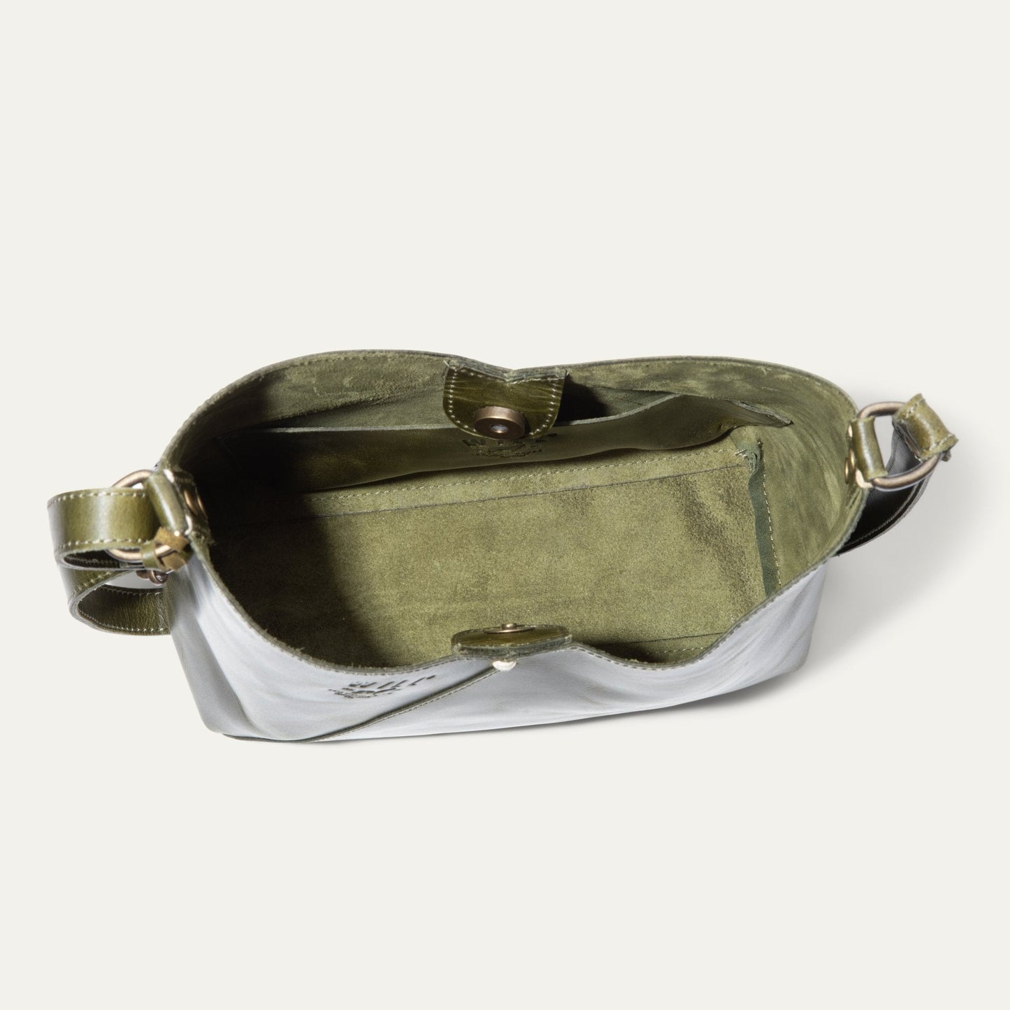 Simple Mini V Hobo bag by Will Leather Goods in olive green leather with strap on Tampa Home & Garden Store