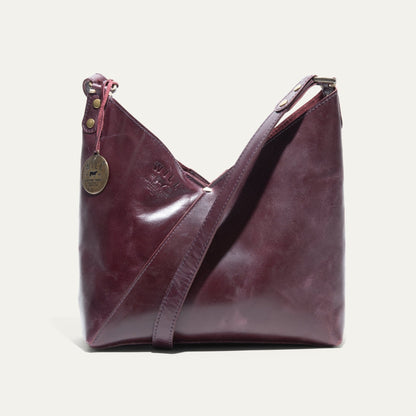 Simple Mini V Hobo bag by Will Leather Goods in burgundy leather with brass rivets and logo tag on Tampa Home & Garden Store