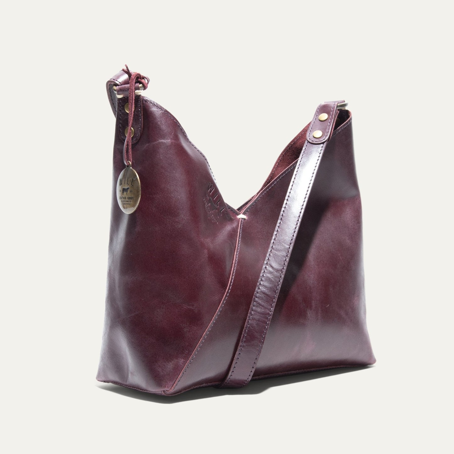 Simple Mini V Hobo bag by Will Leather Goods in burgundy leather with brass hardware on Tampa Home & Garden Store