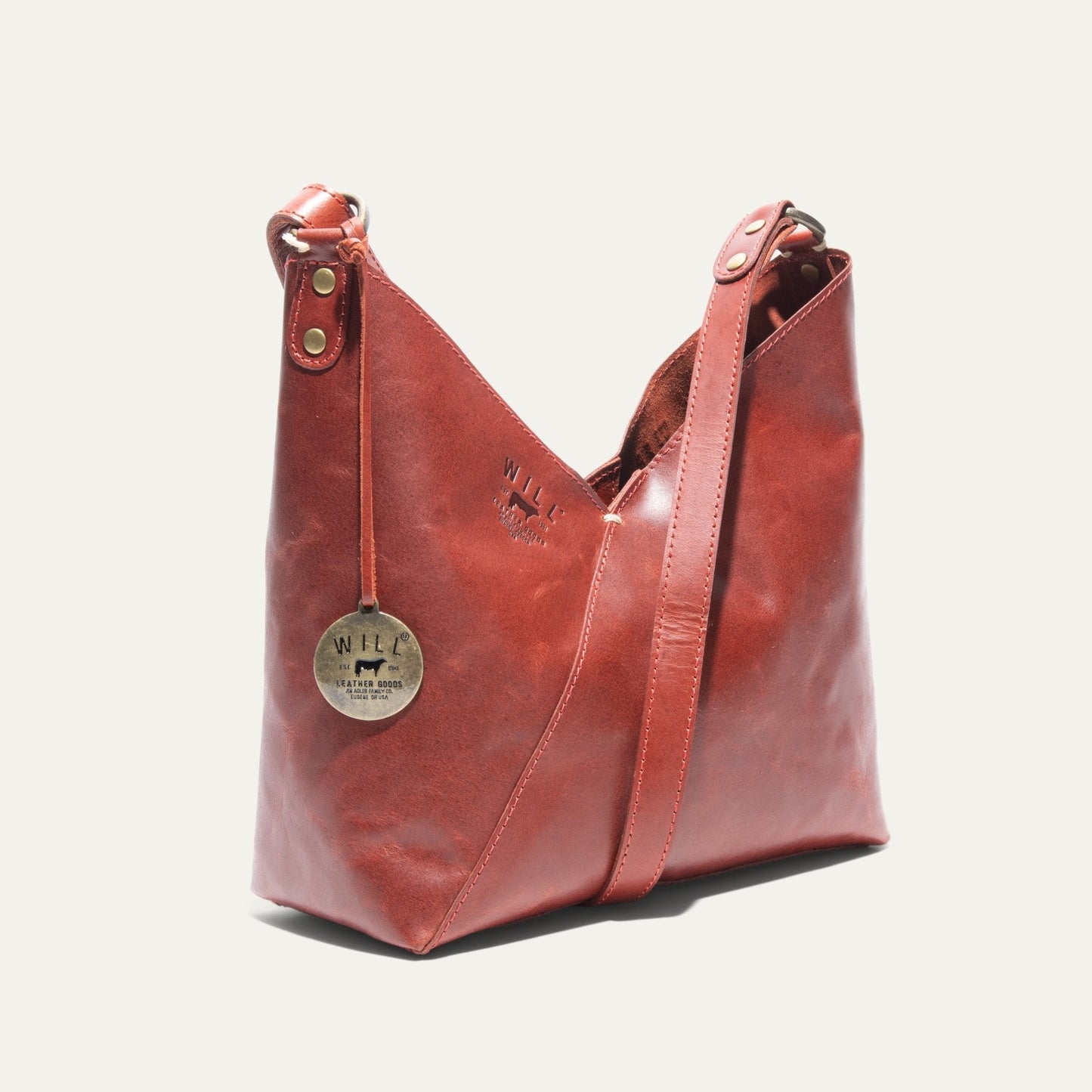 Will Leather Goods Simple Mini V Hobo bag red leather with brass rivets on Tampa Home & Garden Store