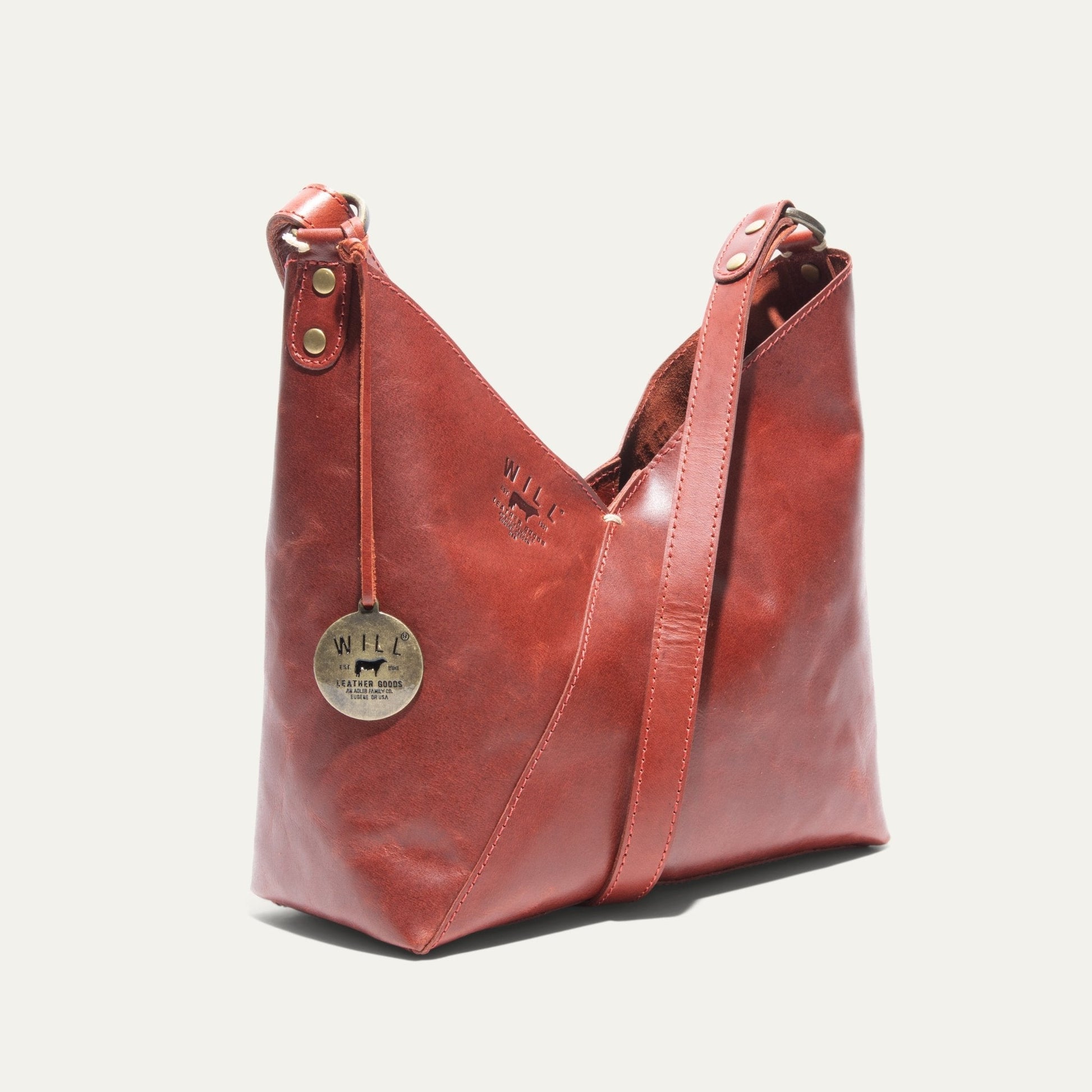 Will Leather Goods Simple Mini V Hobo bag red leather with brass rivets on Tampa Home & Garden Store