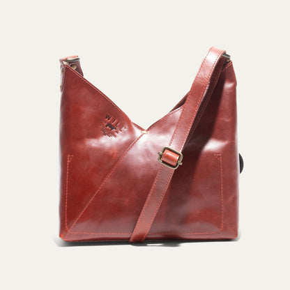 Simple Mini V Hobo bag by Will Leather Goods in red leather with brass buckle on Tampa Home & Garden Store
