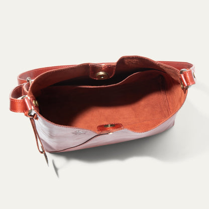 Will Leather Goods Simple Mini V Hobo bag red leather with brass hardware, open-top interior on Tampa Home & Garden Store