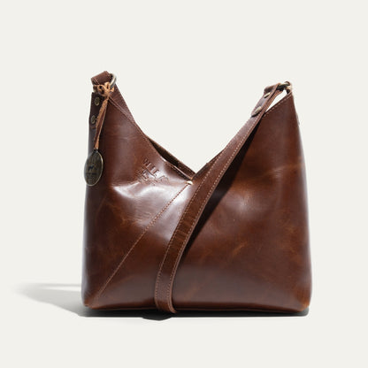 Will Leather Goods Simple Mini V Hobo brown leather bag with brass hardware on Tampa Home & Garden Store