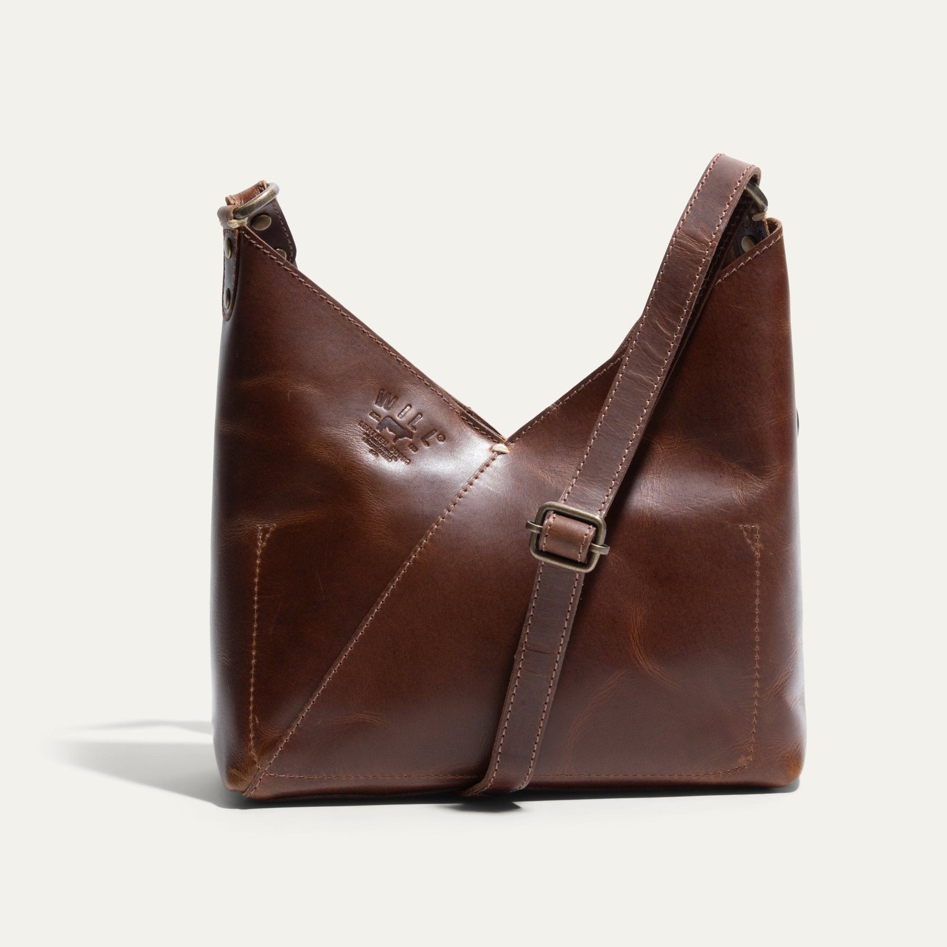 Will Leather Goods Simple Mini V Hobo bag brown leather with adjustable strap and brass hardware on Tampa Home & Garden Store