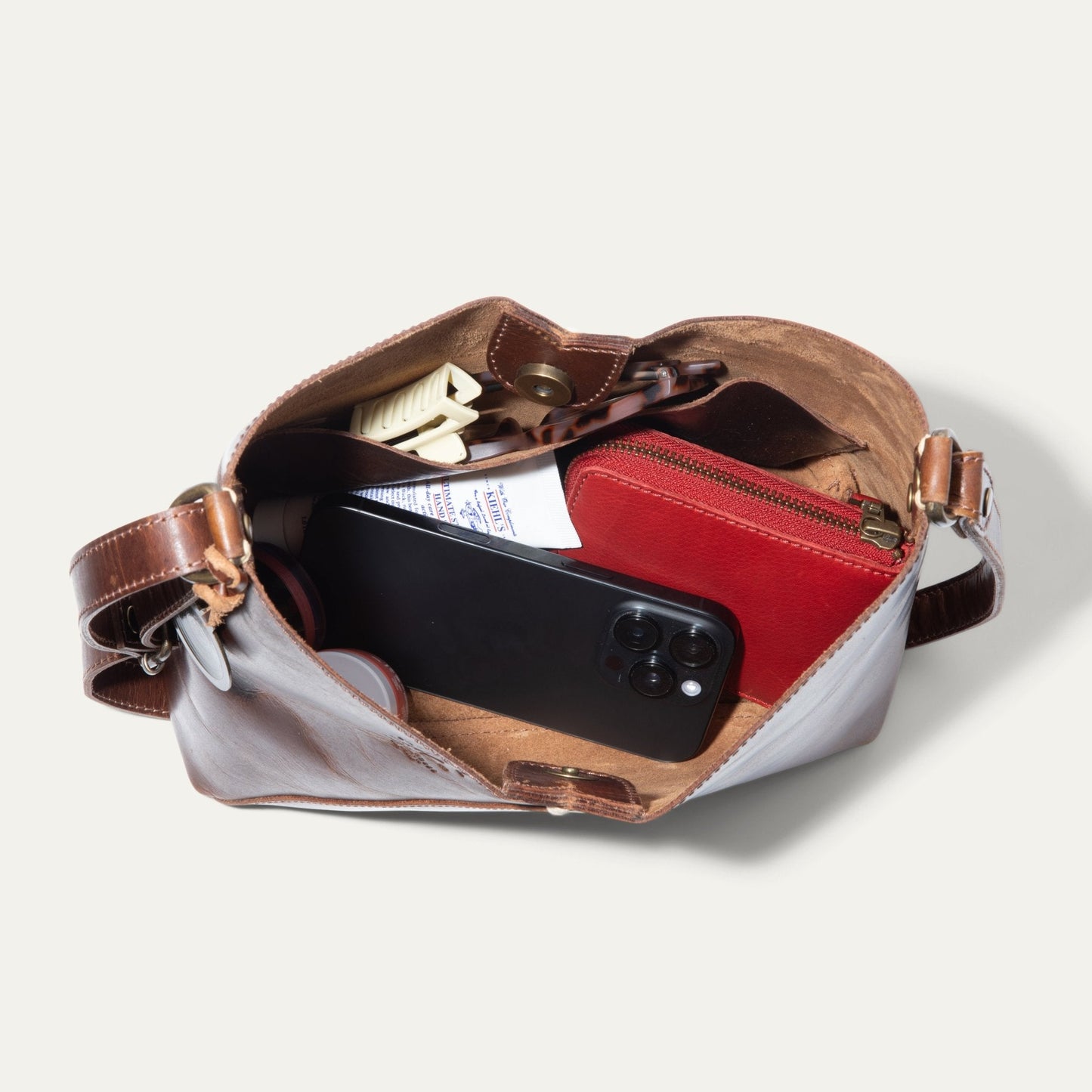 Simple Mini V Hobo bag by Will Leather Goods with brown leather interior and red zipper on Tampa Home & Garden Store