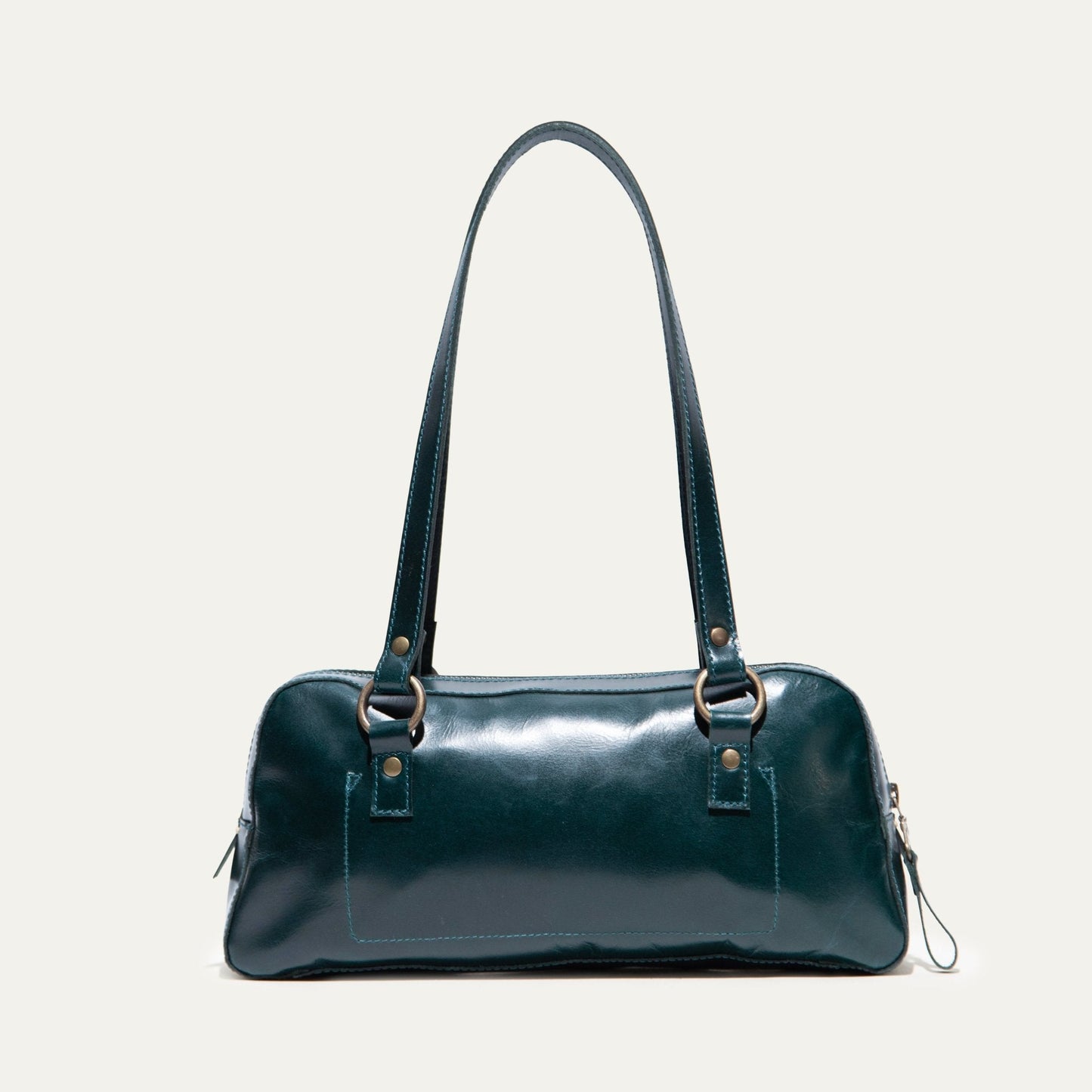 Simple Mini Double Handle Shoulder bag, dark teal leather with brass rings on Tampa Home & Garden Store