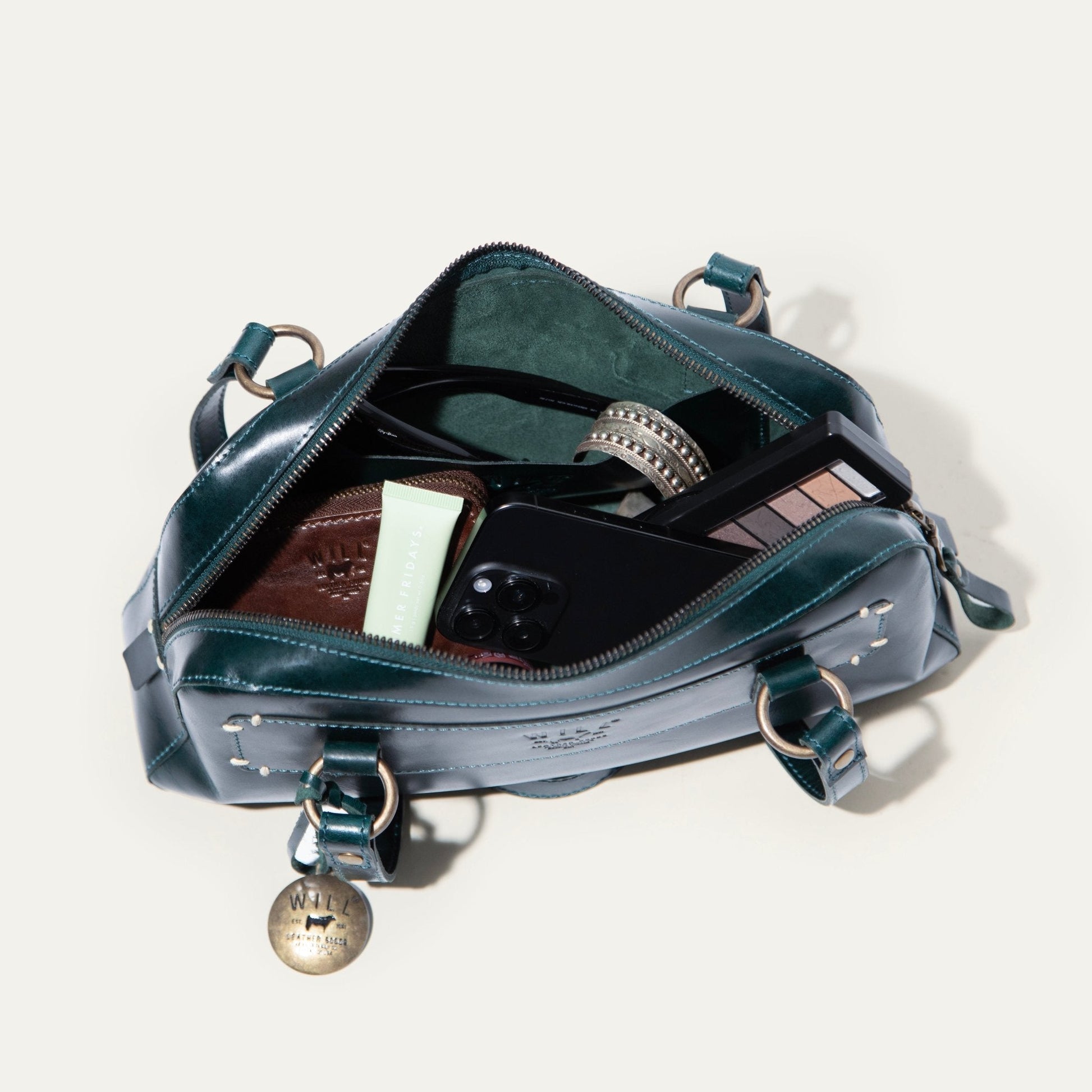 Teal Will Leather Goods Simple Mini Double Handle Shoulder bag with open zipper interior on Tampa Home & Garden Store