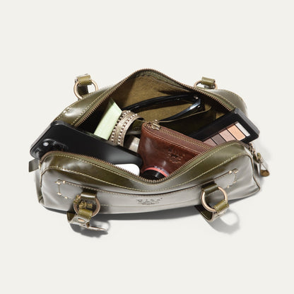 Simple Mini Double Handle Shoulder bag Will Leather Goods olive leather with dual handles and phone inside on Tampa Home & Garden Store