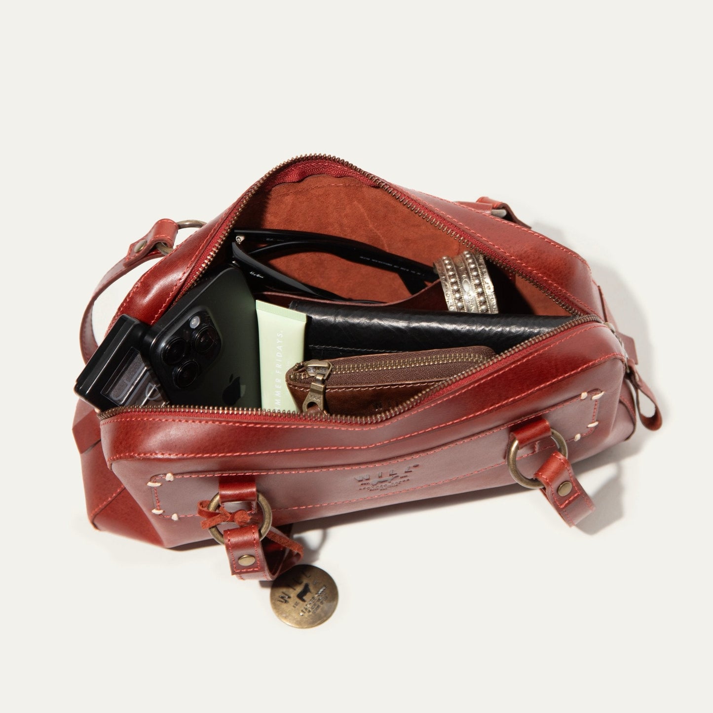 Simple Mini Double-Handle bag by Will Leather Goods, red leather with zipper holds phone on Tampa Home & Garden Store